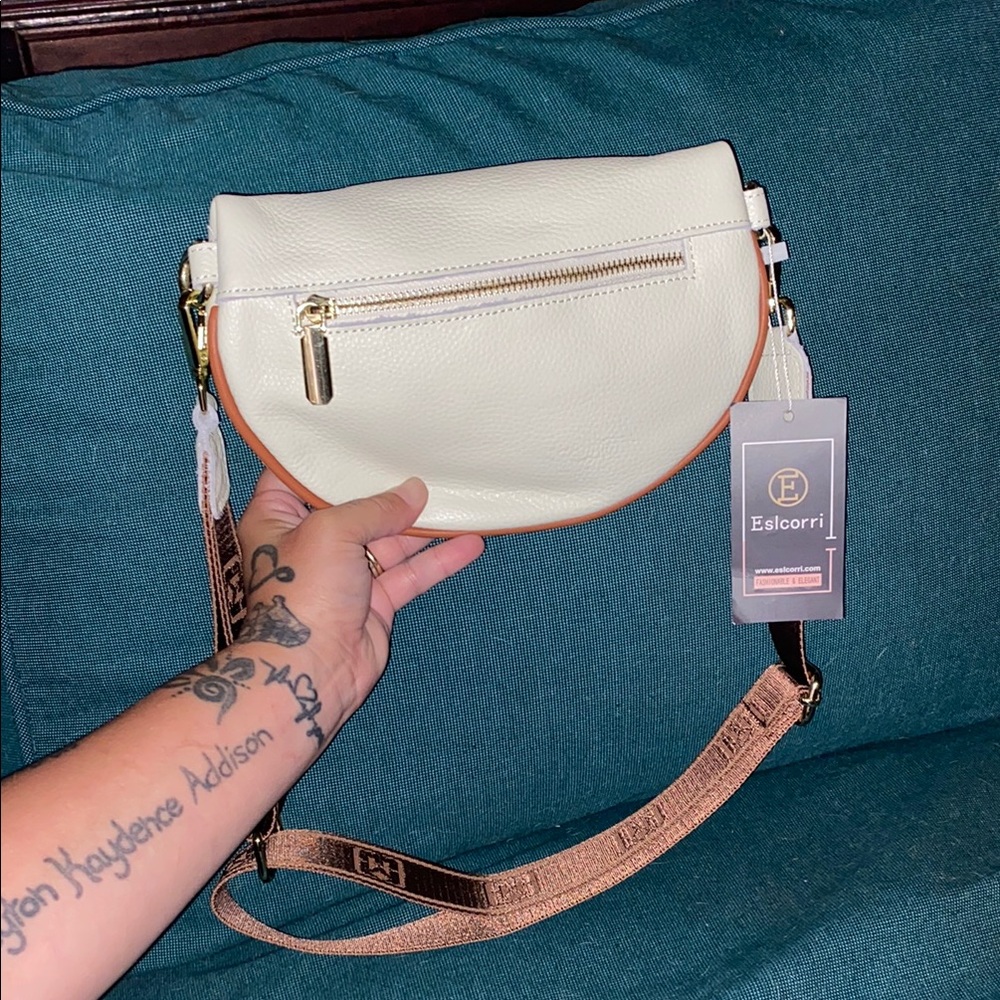 Cream and Tan Crossbody Bag with Adjustable Strap